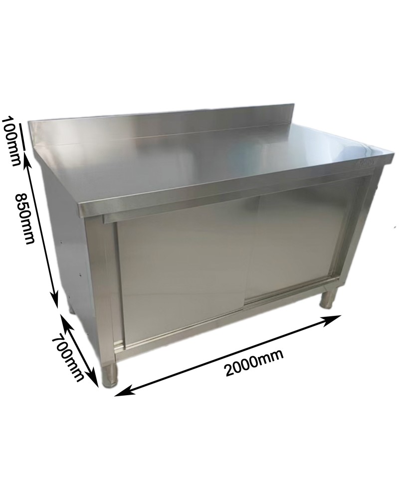 Commercial Stainless Steel Sliding Door Work Table Cabinet with Shelf and Backsplash 2000x700x950mm | TurcoBazaar QNH832