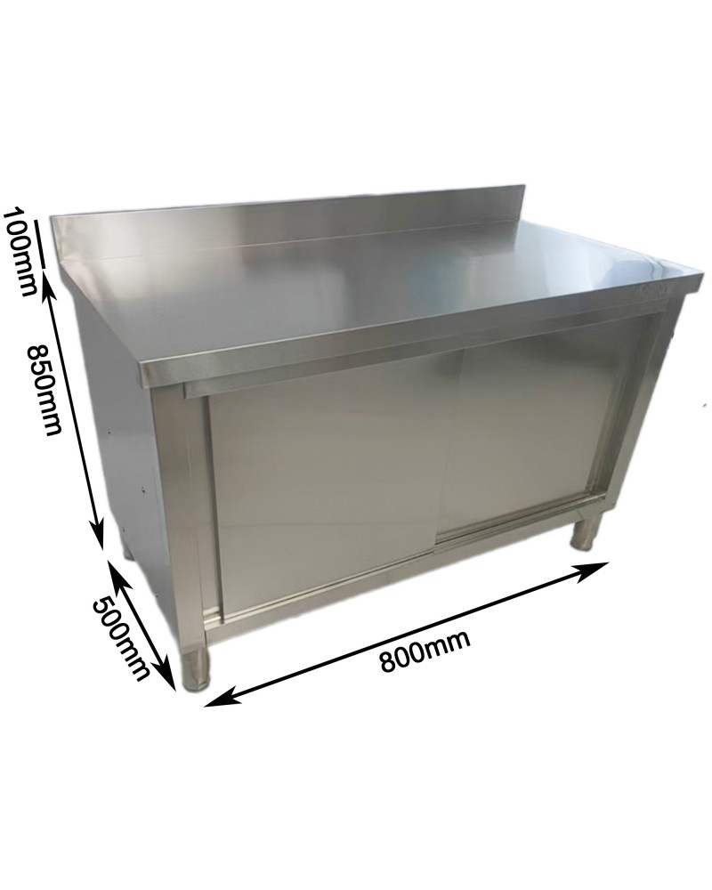 Commercial Stainless Steel Sliding Door Work Table Cabinet with Shelf and Backsplash 800x500x950mm | TurcoBazaar QNH834