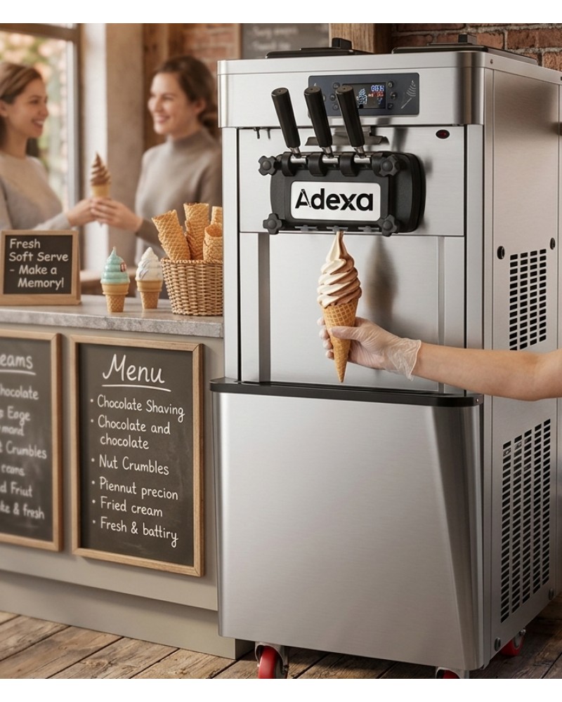 Commercial Floor Standing Soft Ice Cream Machine 16–22L/h 2100W 3 Flavour Twin Hopper 540×750×1320mm | TurcoBazaar RC188G Commercial Floor Standing Soft Ice Cream Machine 16–22L/h 2100W 3 Flavour Twin Hopper 540×750×1320mm | TurcoBazaar RC188G
