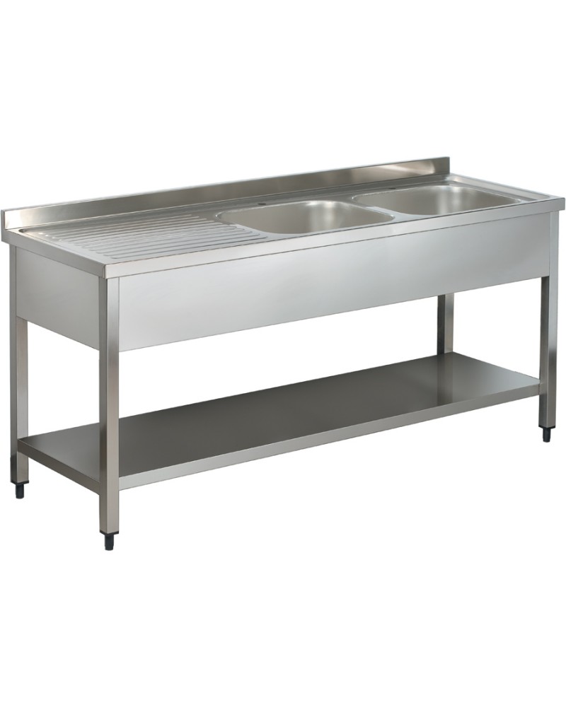 Commercial Sink Stainless steel 2 bowls Right Bottom shelf Splashback 1400mm Depth 700mm | TurcoBazaar VS147RBT