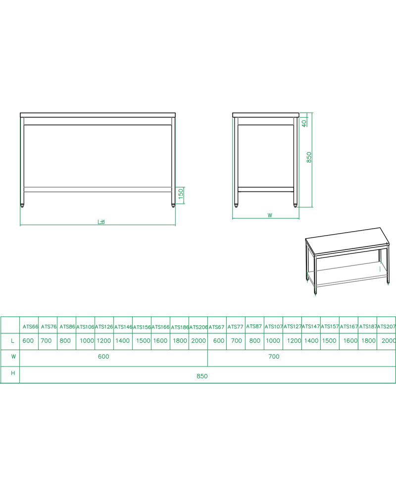 Professional Work table Stainless steel Bottom shelf Upstand 1600x600x900mm | TurcoBazaar THATS166A