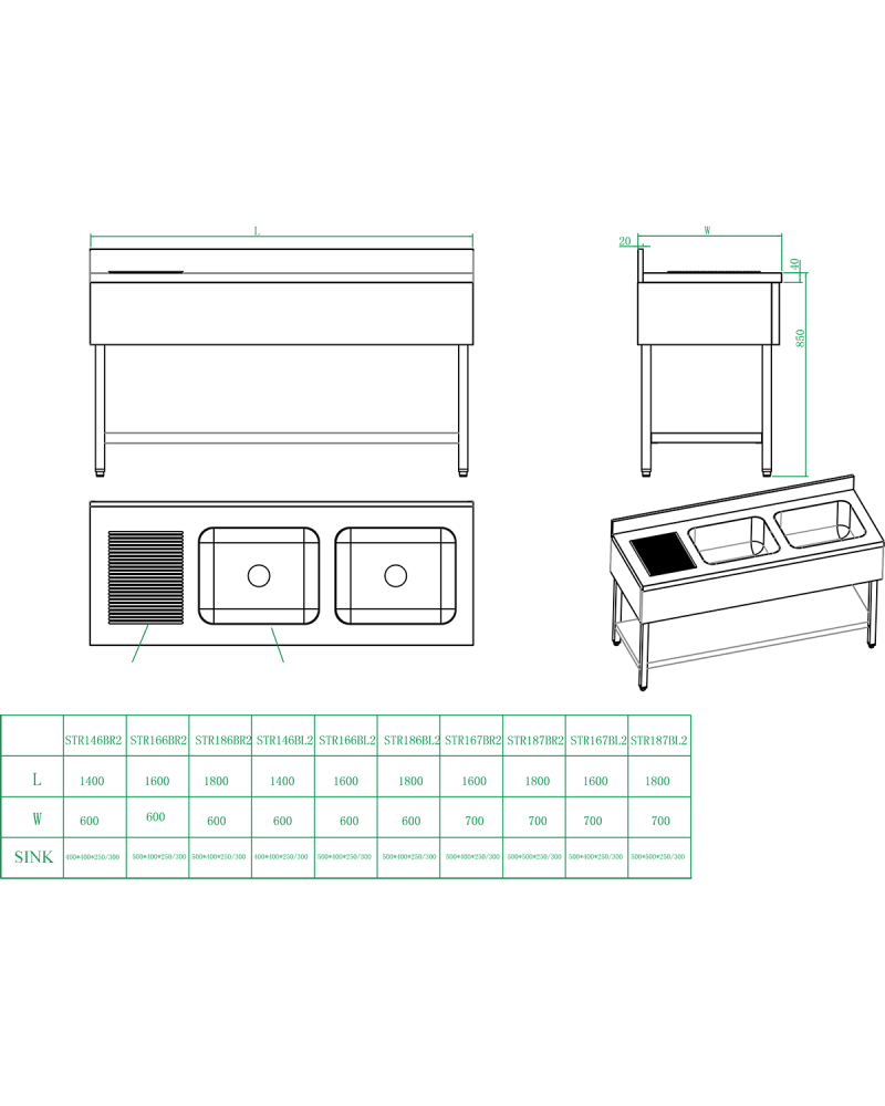 Commercial Sink Stainless steel 2 bowls Right Bottom shelf Splashback 1400mm Depth 700mm | TurcoBazaar VS147RBT