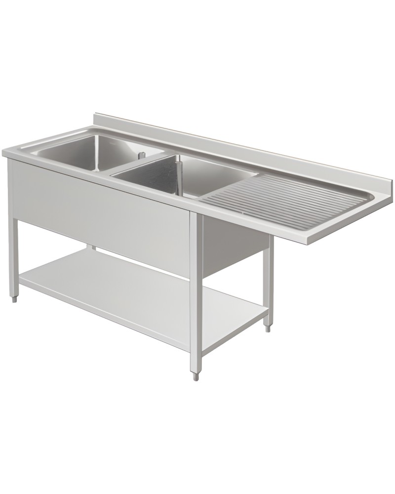 Commercial Sink Stainless Steel 2 Bowls Right Drainer Bottom Shelf Splashback Width 1600mm Depth 600mm | TurcoBazaar VSH166LBT