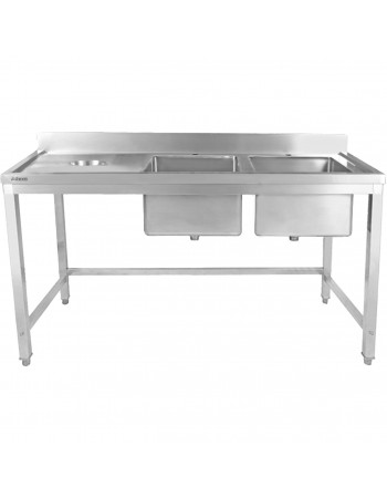Commercial Stainless Steel Double Sink with 2 Right Bowls & Left Scrapping Hole + Splashback 1500x700x950mm | TurcoBazaar WHSTT1570R