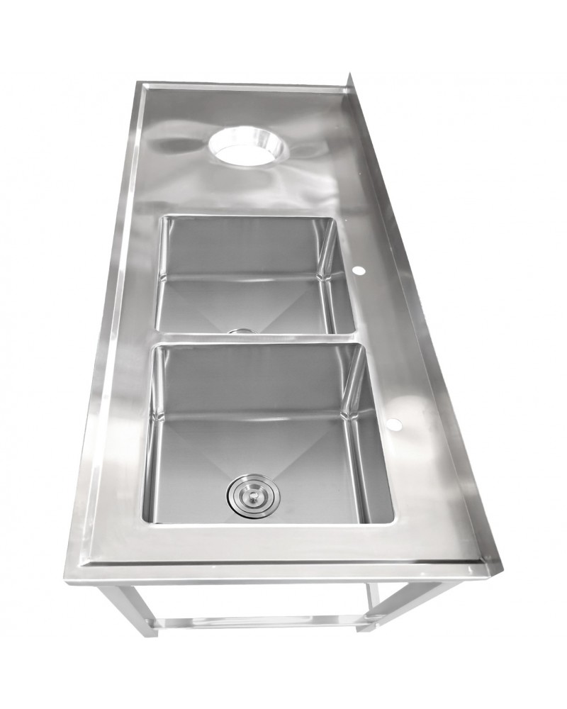 Commercial Stainless Steel Double Sink with 2 Right Bowls & Left Scrapping Hole + Splashback 1500x700x950mm | TurcoBazaar WHSTT1570R