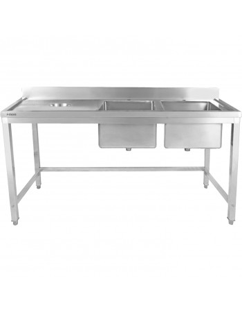 Commercial Stainless Steel Double Sink with 2 Right Bowls & Left Scrapping Hole + Splashback 1800x700x950mm | TurcoBazaar WHSTT1870R