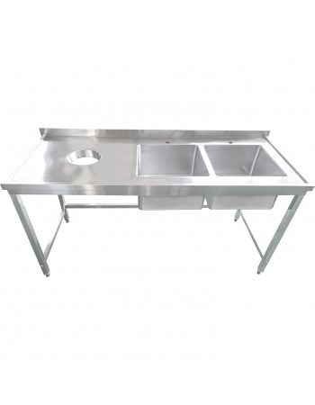 Commercial Stainless Steel Double Sink with 2 Right Bowls & Left Scrapping Hole + Splashback 1800x700x950mm | TurcoBazaar WHSTT1870R
