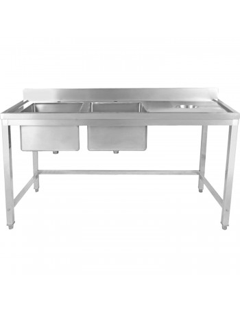 Commercial Stainless Steel Double Sink with 2 Left Bowls & Right Scrapping Hole + Splashback 2000x700x950mm | TurcoBazaar WHSTT2070L