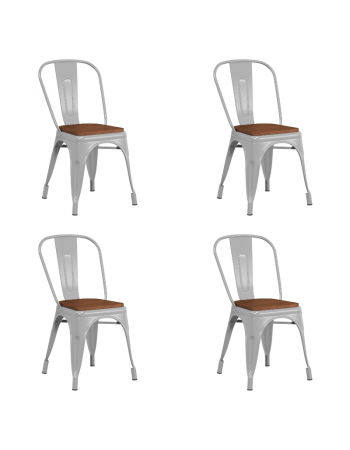 Bistro Dining Chair Wooden Seat Steel Grey Indoors - Set of 4 | TurcoBazaar WW164G