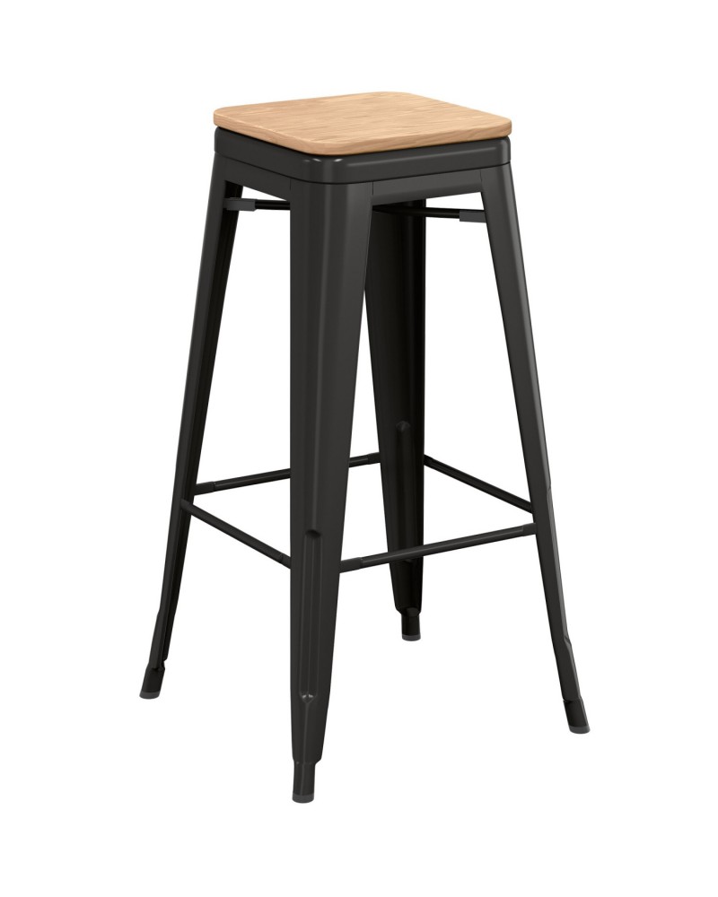 High Bar stool with Wooden seat Steel Black Indoors - Set of 4 | TurcoBazaar WW61B
