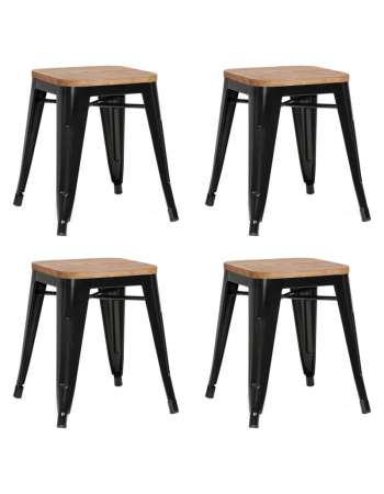 Bistro Low Stool with Wooden seat Steel Black Indoors - Set of 4 | TurcoBazaar WW65B