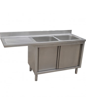 Stainless Steel Double Bowl Sink Unit with Left Drainer & Cabinet 1600×700×950mm | TurcoBazaar YLC167SBR2