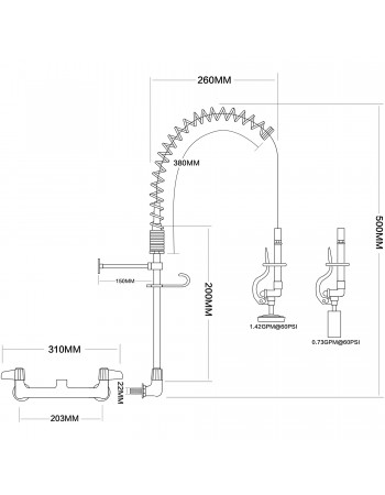 Pre Rinse Spray Unit Wall mount Double inlet Height 500mm Stainless steel | TurcoBazaar EQ7802A