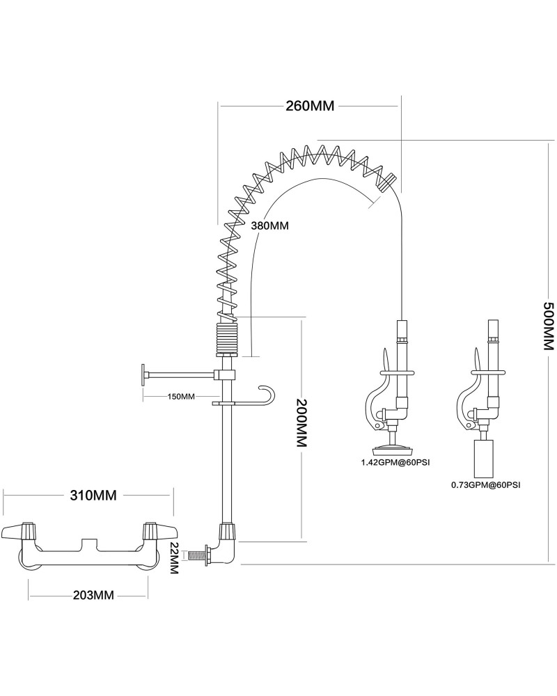 Pre Rinse Spray Unit Wall mount Double inlet Height 500mm Stainless steel | TurcoBazaar EQ7802A