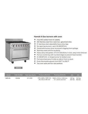 101076-Hamoki Gas Range 6 Burner with Oven HKR-6S 101076-Hamoki Gas Range 6 Burner with Oven HKR-6S