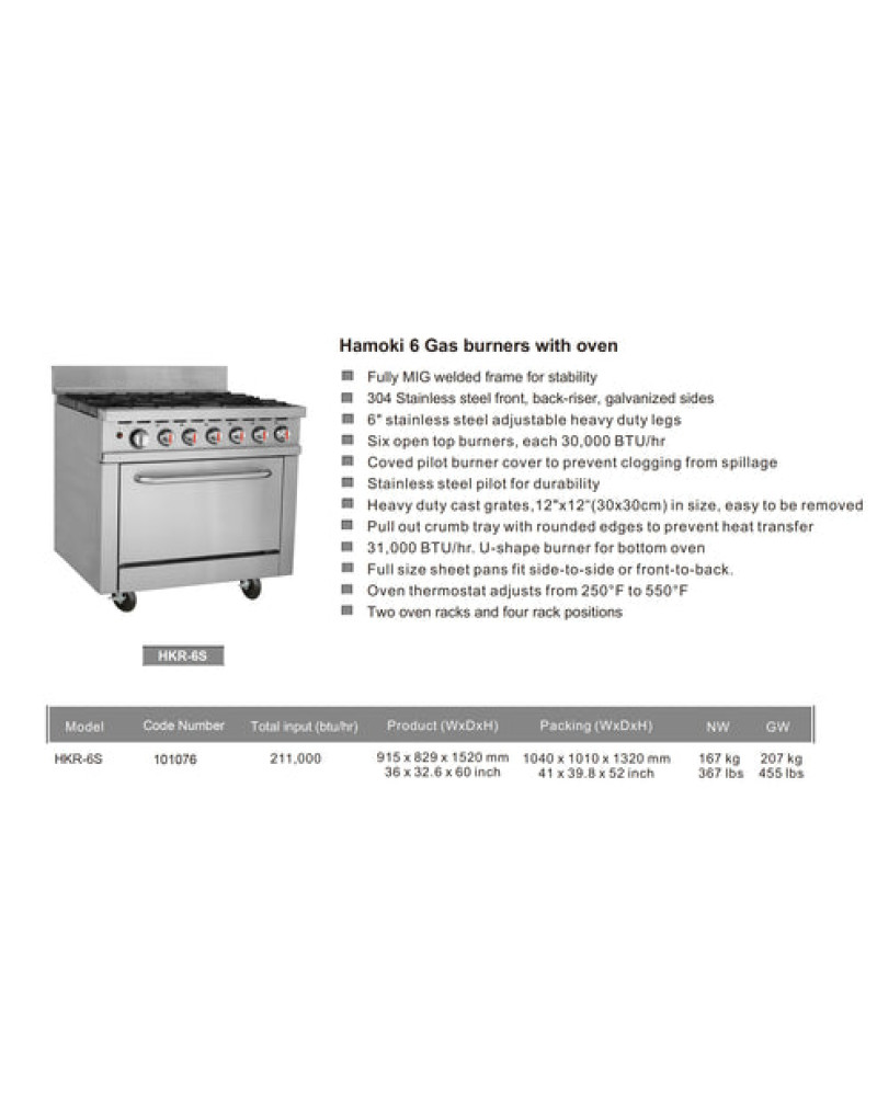 101076-Hamoki Gas Range 6 Burner with Oven HKR-6S 101076-Hamoki Gas Range 6 Burner with Oven HKR-6S