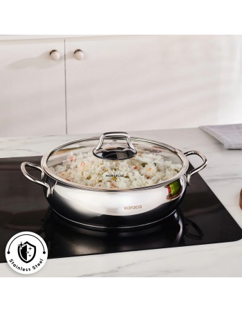 Karaca Emirgan Stainless Steel Shallow Casserole with Lid, 26cm, Silver