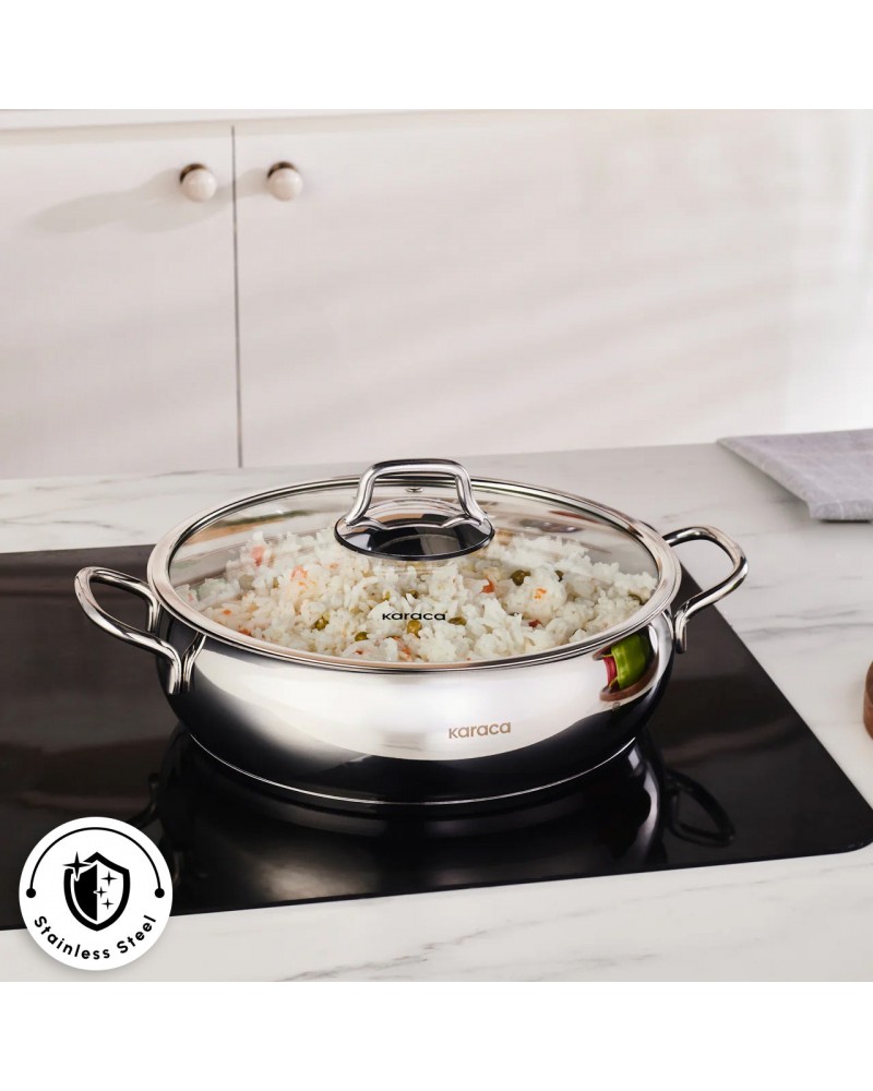 Karaca Emirgan Stainless Steel Shallow Casserole with Lid, 26cm, Silver