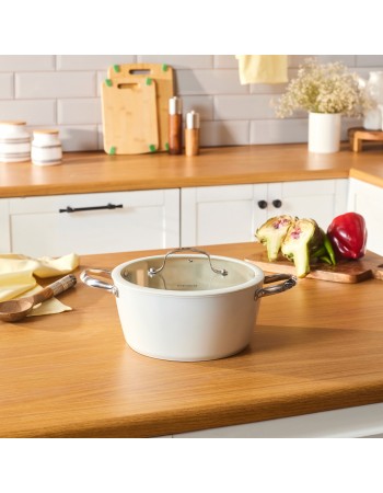 Karaca Swiss Crystal Almond Cream Non-Stick Induction Stainless Steel Handle Casserole & Lid, 24cm, Cream
