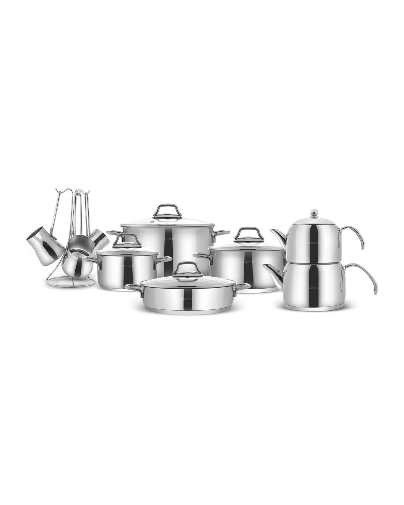 Karaca Belgrad 15-Piece Complete Stainless Steel Kitchen Cookware Set, Silver
