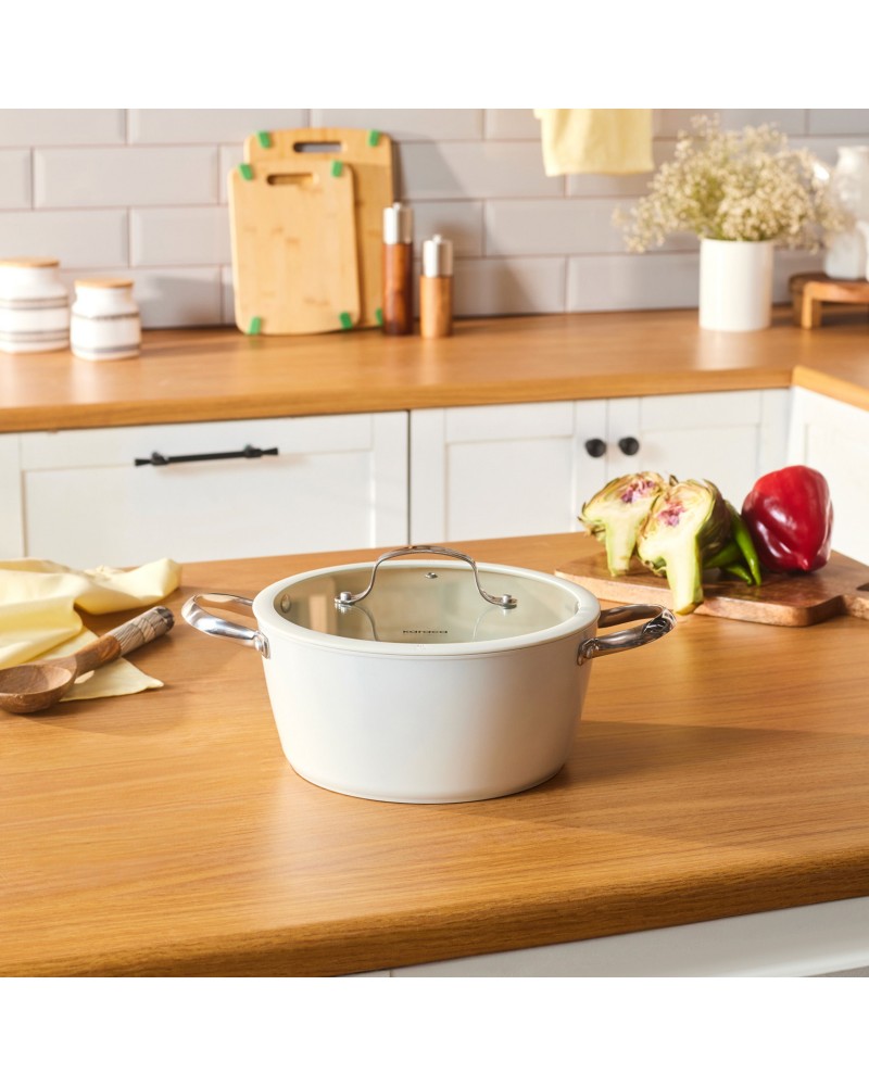 Karaca Swiss Crystal Almond Cream Non-Stick Induction Stainless Steel Handle Casserole & Lid, 20cm, Cream