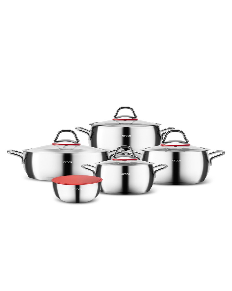 Karaca Emirgan XL 10-Piece Stainless Steel Induction Cookware Set with Storage Container, Silver Red