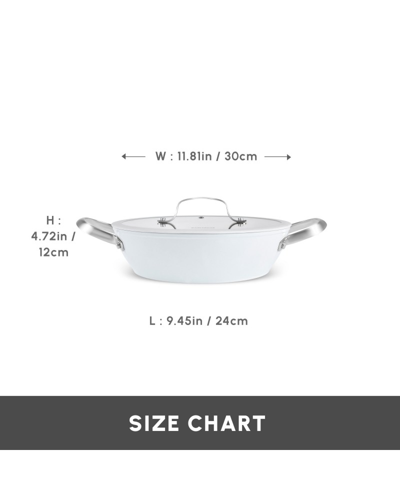 Karaca Swiss Crystal Almond Cream Non-Stick Induction Stainless Steel Handle Shallow Casserole & Lid, 30cm, Cream