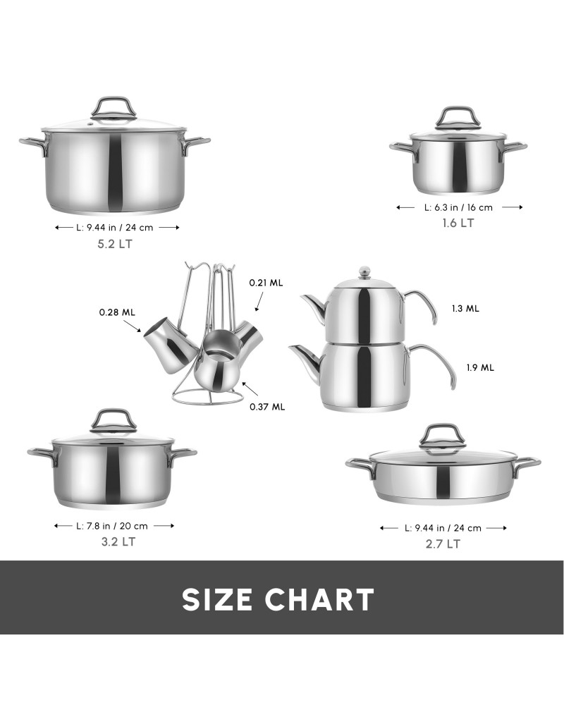 Karaca Belgrad 15-Piece Complete Stainless Steel Kitchen Cookware Set, Silver