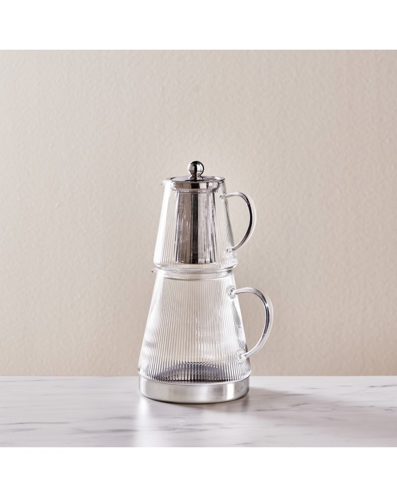 Karaca Keops XL Borosilicate Glass Teapot Set, Silver