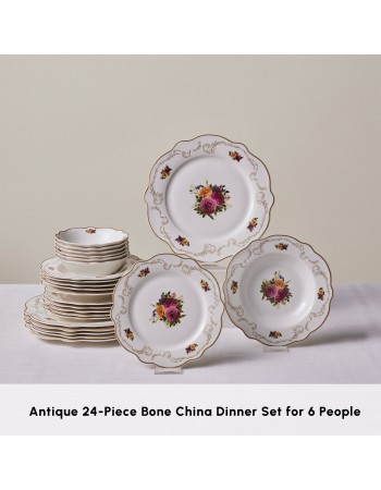 Karaca Forever Bone China Antique 24-Piece Dinner Set for 6 People, Multi