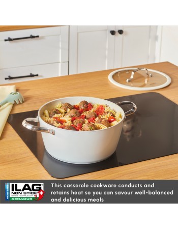 Karaca Swiss Crystal Almond Cream Non-Stick Induction Stainless Steel Handle Casserole & Lid, 24cm, Cream