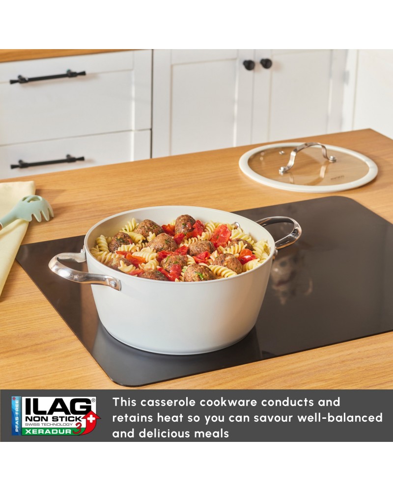 Karaca Swiss Crystal Almond Cream Non-Stick Induction Stainless Steel Handle Casserole & Lid, 24cm, Cream