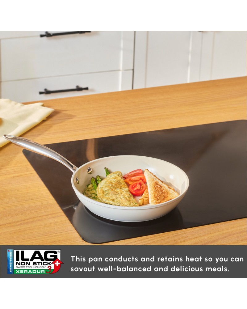 Karaca Swiss Crystal Almond Cream Non-Stick Induction Stainless Steel Handle Pan, 22cm, Cream