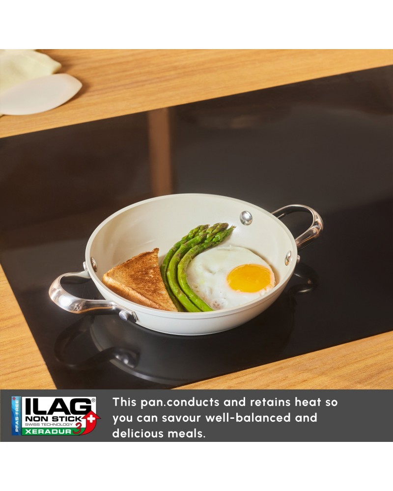 Karaca Swiss Crystal Almond Cream Non-Stick Induction Stainless Steel Handle Shallow Pan, 18cm, Cream