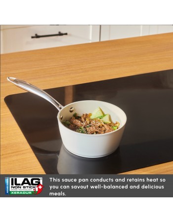 Karaca Swiss Crystal Almond Cream Non-Stick Induction Stainless Steel Handle Sauce Pan, 16cm, Cream