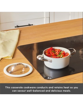 Karaca Swiss Crystal Almond Cream Non-Stick Induction Stainless Steel Handle Casserole & Lid, 14cm, Cream