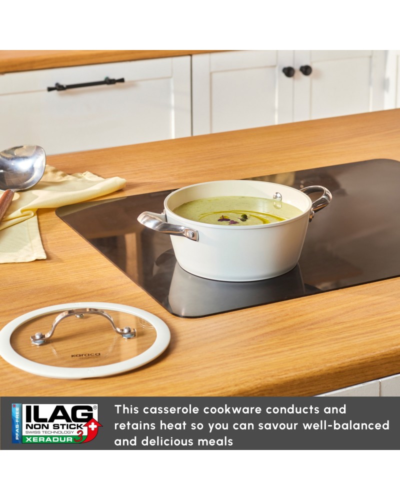 Karaca Swiss Crystal Almond Cream Non-Stick Induction Stainless Steel Handle Casserole & Lid, 20cm, Cream