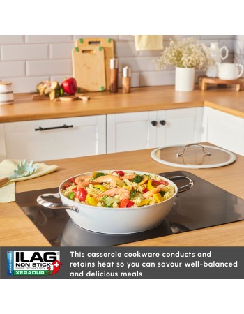 Karaca Swiss Crystal Almond Cream Non-Stick Induction Stainless Steel Handle Shallow Casserole & Lid, 30cm, Cream