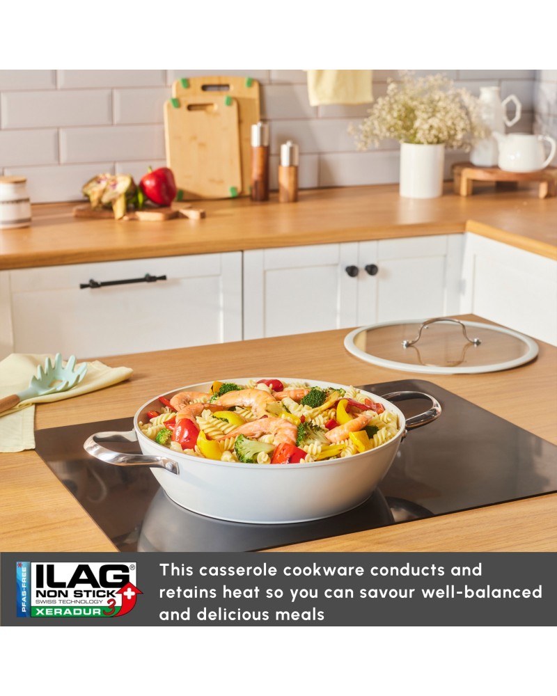 Karaca Swiss Crystal Almond Cream Non-Stick Induction Stainless Steel Handle Shallow Casserole & Lid, 30cm, Cream