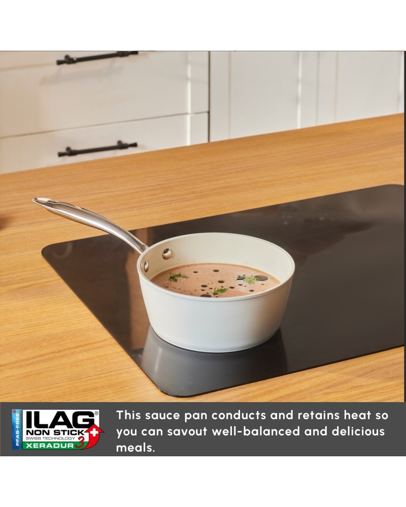 Karaca Swiss Crystal Almond Cream Non-Stick Induction Stainless Steel Handle Sauce Pan, 18cm, Cream