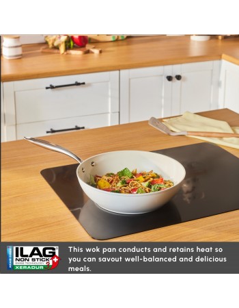 Karaca Swiss Crystal Almond Cream Non-Stick Induction Handle Wok, 28cm, Cream