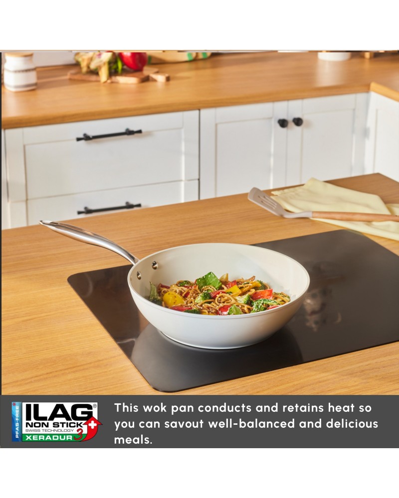 Karaca Swiss Crystal Almond Cream Non-Stick Induction Handle Wok, 28cm, Cream