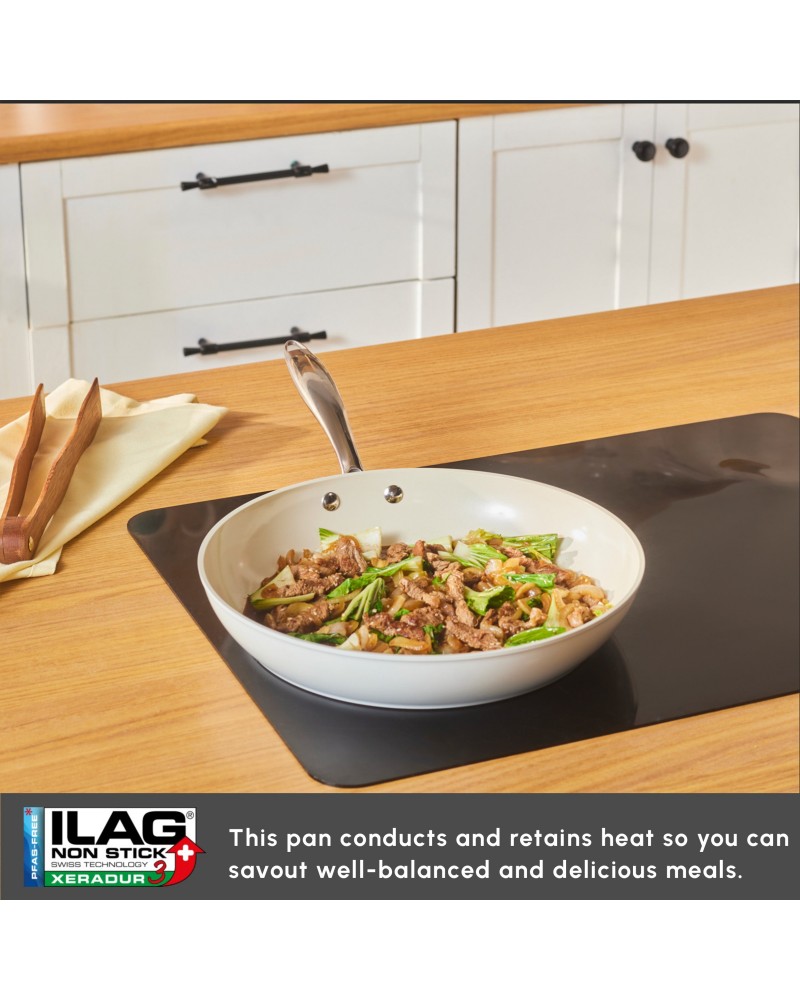 Karaca Swiss Crystal Almond Cream Non-Stick Induction Stainless Steel Handle Pan, 30cm, Cream