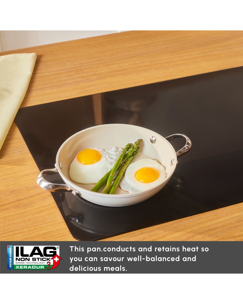 Karaca Swiss Crystal Almond Cream Non-Stick Induction Stainless Steel Handle Shallow Pan, 20cm, Cream