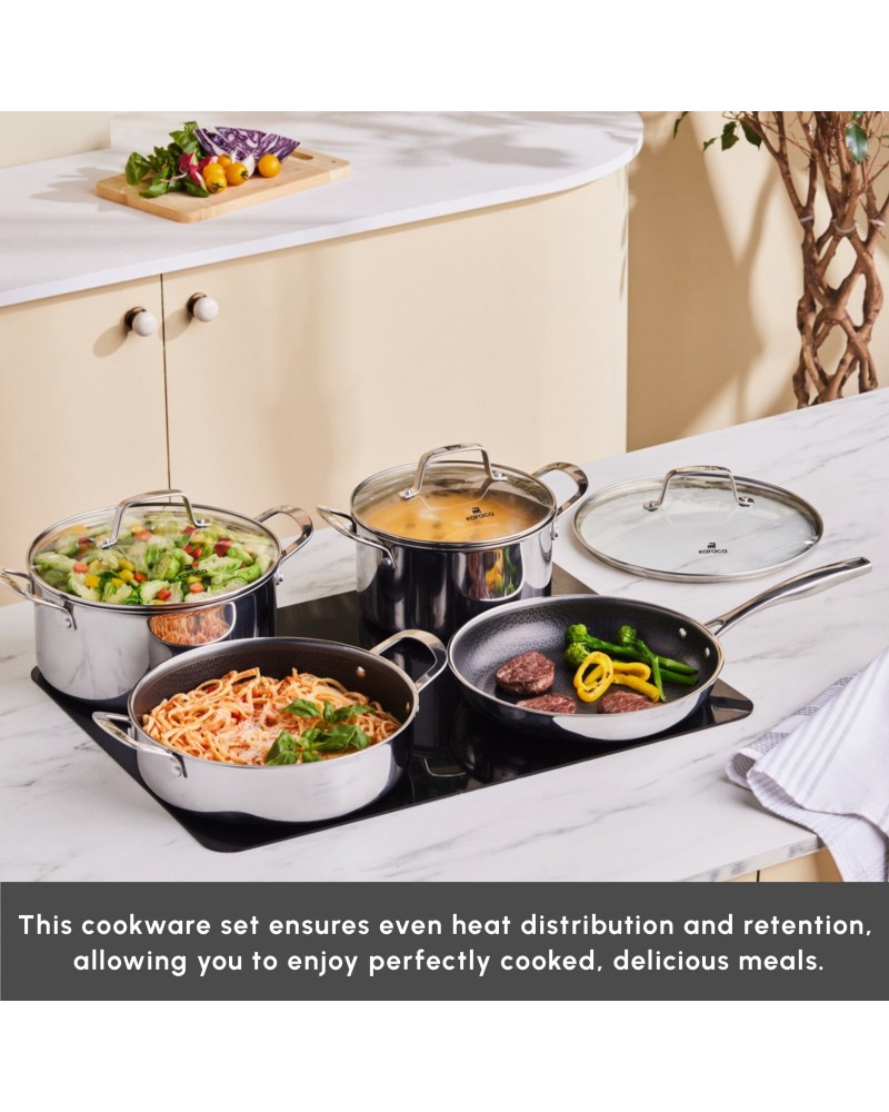 Karaca Ceramica Steel 3Ply Stainless Steel 7-Piece Induction Non-Stick Cookware Set, Silver