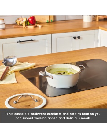 Karaca Swiss Crystal Almond Cream Non-Stick Induction Stainless Steel Handle Casserole & Lid, 18cm, Cream