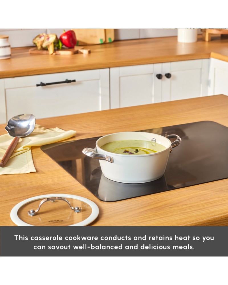 Karaca Swiss Crystal Almond Cream Non-Stick Induction Stainless Steel Handle Casserole & Lid, 18cm, Cream