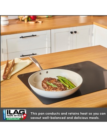 Karaca Swiss Crystal Almond Cream Non-Stick Induction Stainless Steel Handle Pan, 32cm, Cream