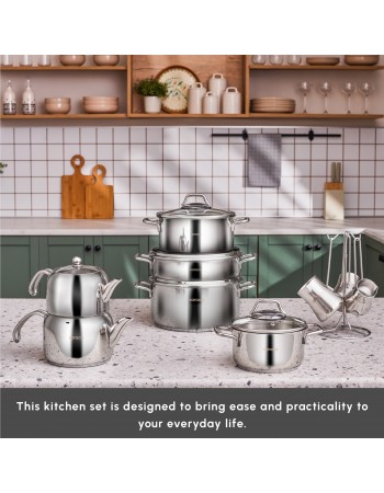 Karaca Belgrad 15-Piece Complete Stainless Steel Kitchen Cookware Set, Silver