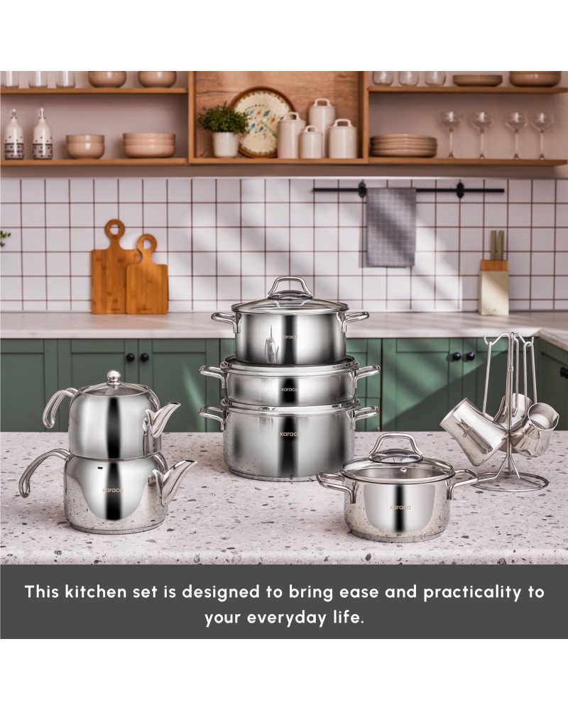 Karaca Belgrad 15-Piece Complete Stainless Steel Kitchen Cookware Set, Silver